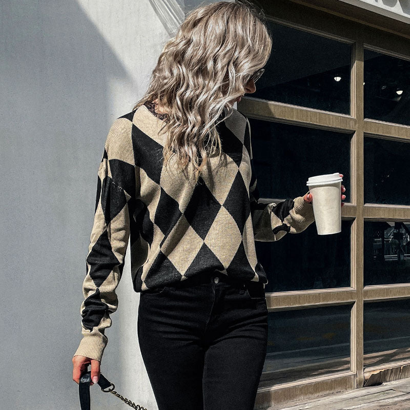 Damen Strickpullover mit modernem Rautenmuster und hohem Kragen Drune