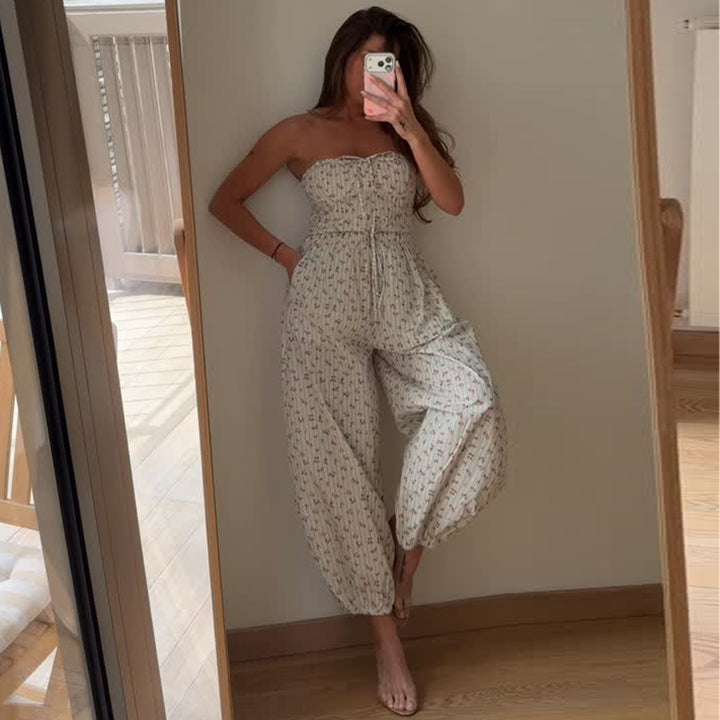 Damen Jumpsuit mit verspieltem Blumenmuster und elastischem Taillenzug Drune