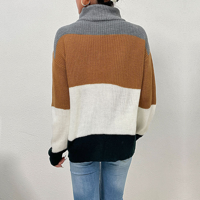 Damen Strickpullover mit hohem Kragen und trendigem Farbblockdesign Drune