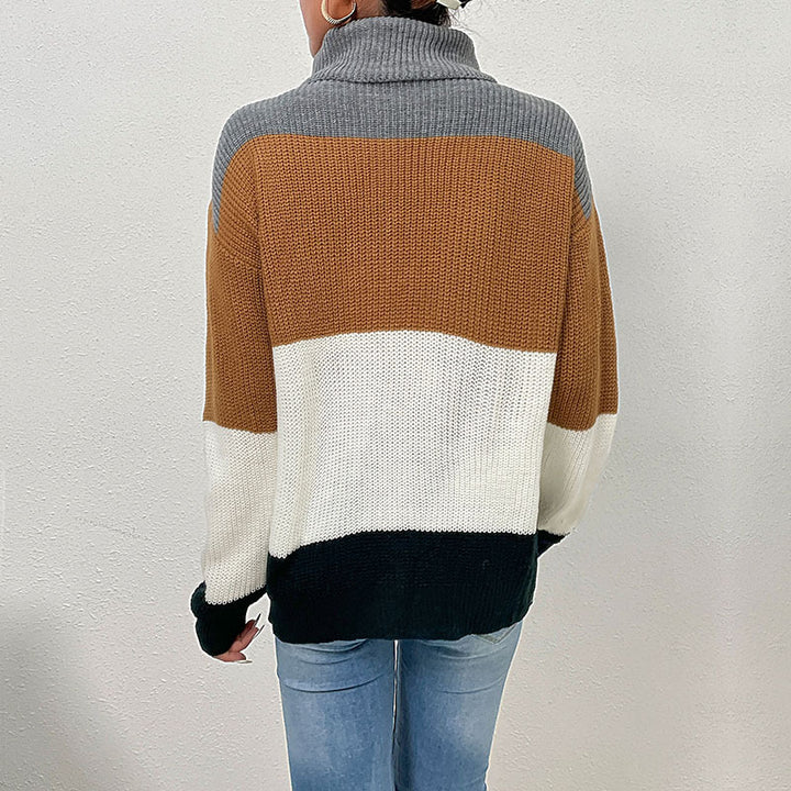 Damen Strickpullover mit hohem Kragen und trendigem Farbblockdesign Drune