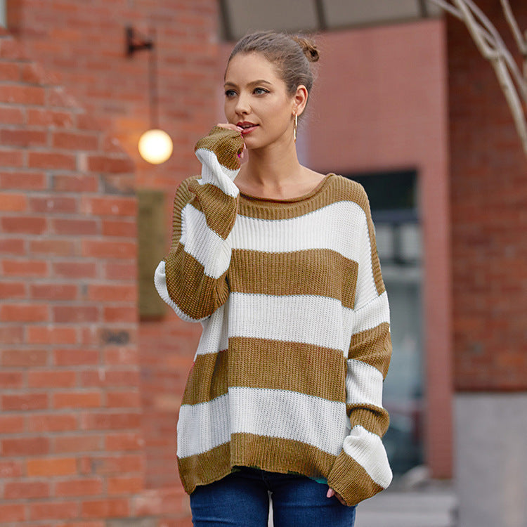 Damen lässiger Strickpullover mit breitem Streifenmuster und weitem Schnitt Drune