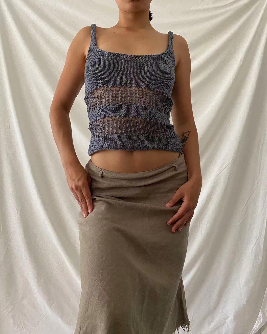 Damen gestricktes Crop-Top mit luftiger Netzstruktur Drune