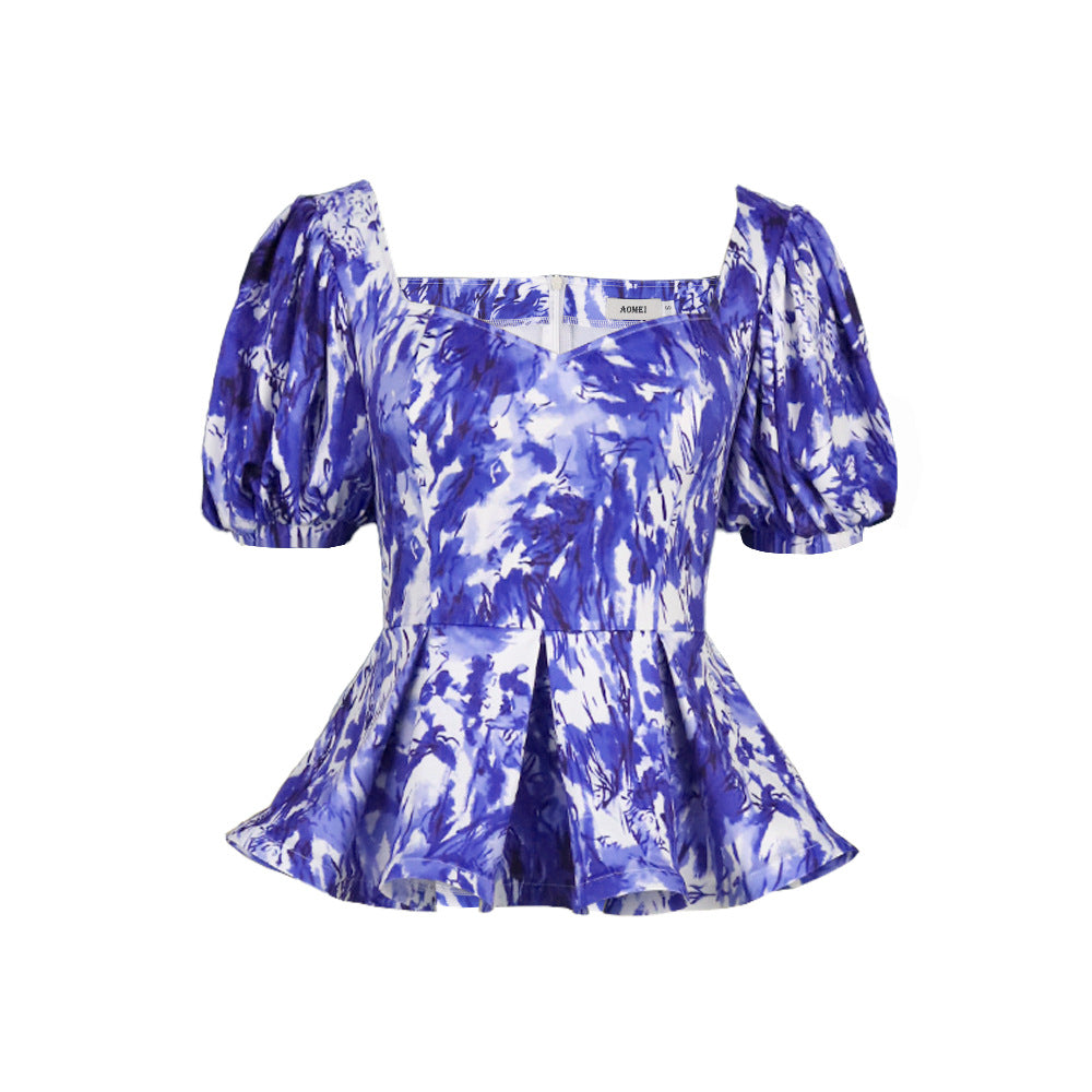 Damen Elegante Peplum Bluse mit Puffärmeln Drune