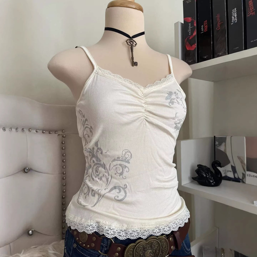 Damen Verspieltes Spaghetti-Träger Top mit Spitzendetails Drune