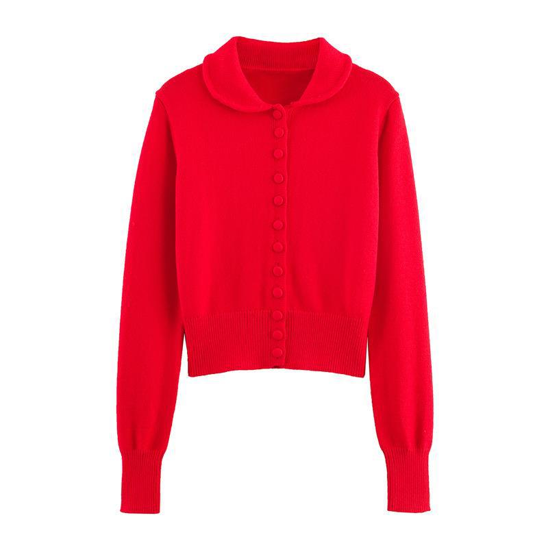 Damen Strickjacke mit Rüschenkragen und dekorativen Knöpfen Drune