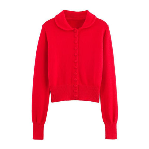 Damen Strickjacke mit Rüschenkragen und dekorativen Knöpfen Drune