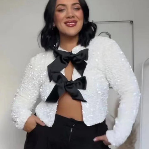 Damen Elegante Jacke mit Paillettenbesatz und Schleifen-Detail Drune