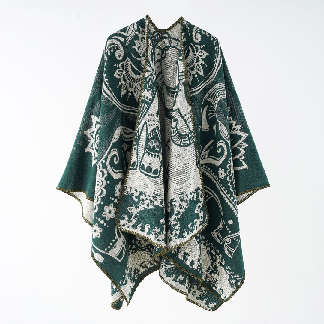 Damen eleganter Übergang-Poncho mit kunstvollem floralen Muster und fransigen Abschlüssen Drune