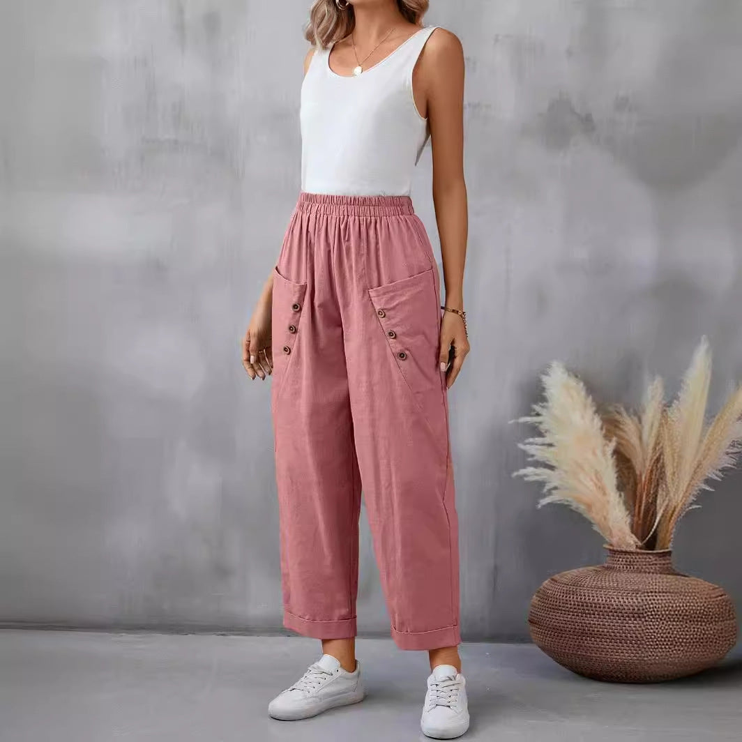 Damen elegante Freizeitpants mit Knopfdetails Drune