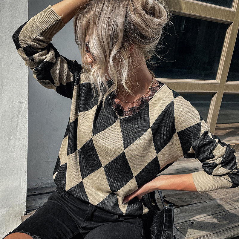 Damen Strickpullover mit modernem Rautenmuster und hohem Kragen Drune