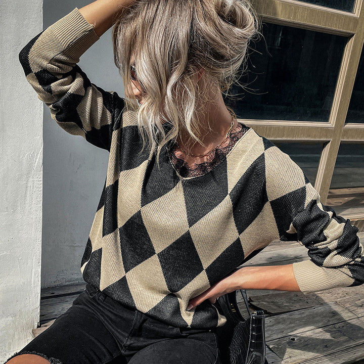 Damen Strickpullover mit modernem Rautenmuster und hohem Kragen Drune
