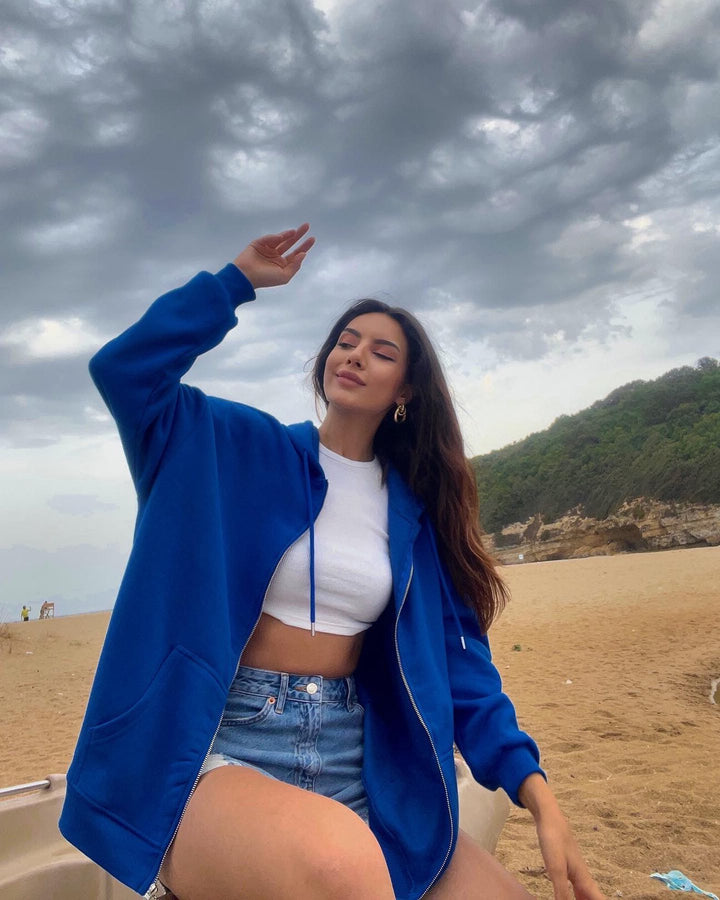 Damen oversized Kapuzenjacke mit Reißverschluss Drune