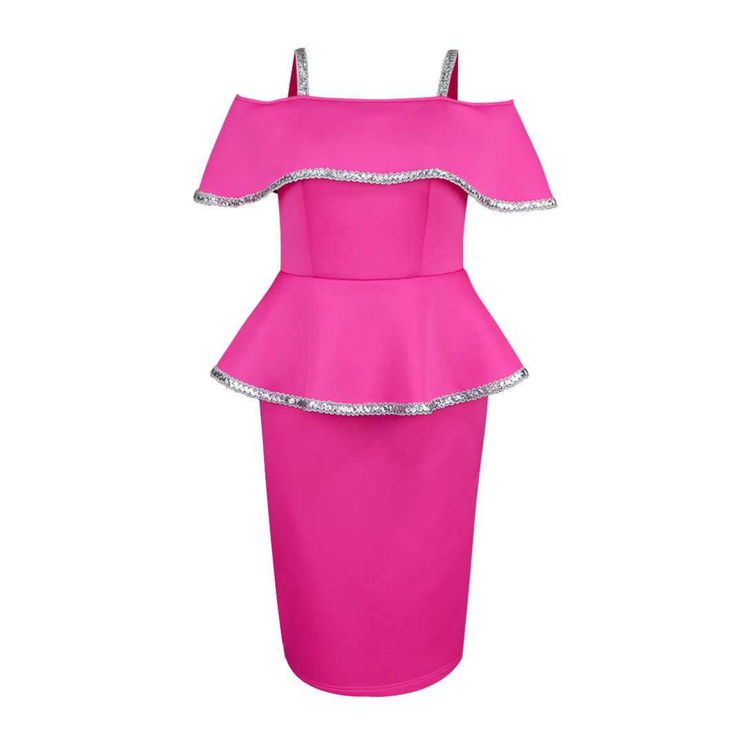 Damen elegantes Peplum-Kleid mit schulterfreiem Design und Glitzerdetails Drune