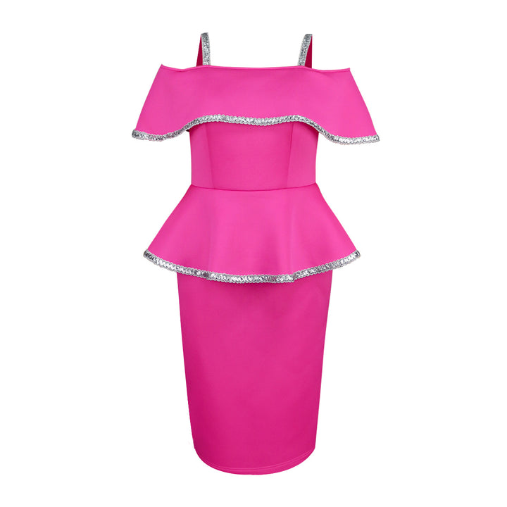 Damen elegantes Peplum-Kleid mit schulterfreiem Design und Glitzerdetails Drune