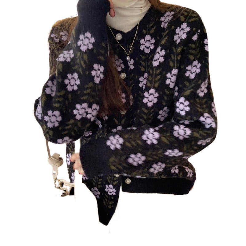Damen gemütliche Strickjacke mit floralen Mustern und hochwertigen Knöpfen Drune