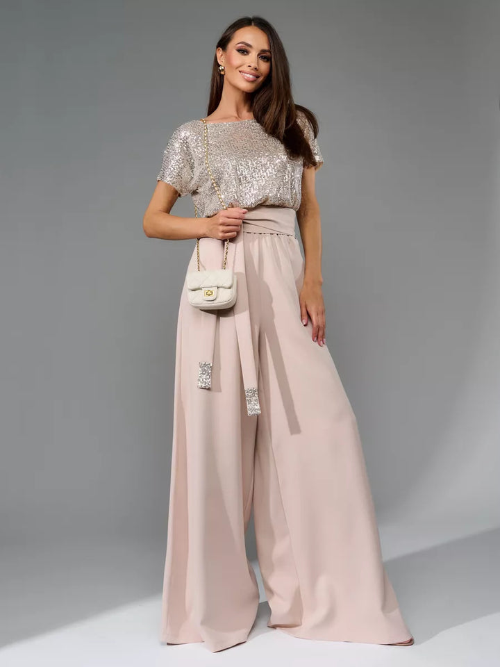 Damen Glamouröser Style-Outfit mit glitzerndem Oberteil und weitem Schnitt Drune