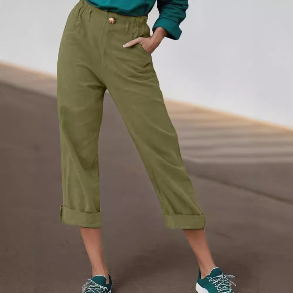 Damen Elegante Leinenhose mit breitem Bein und umschlagenem Saum Drune