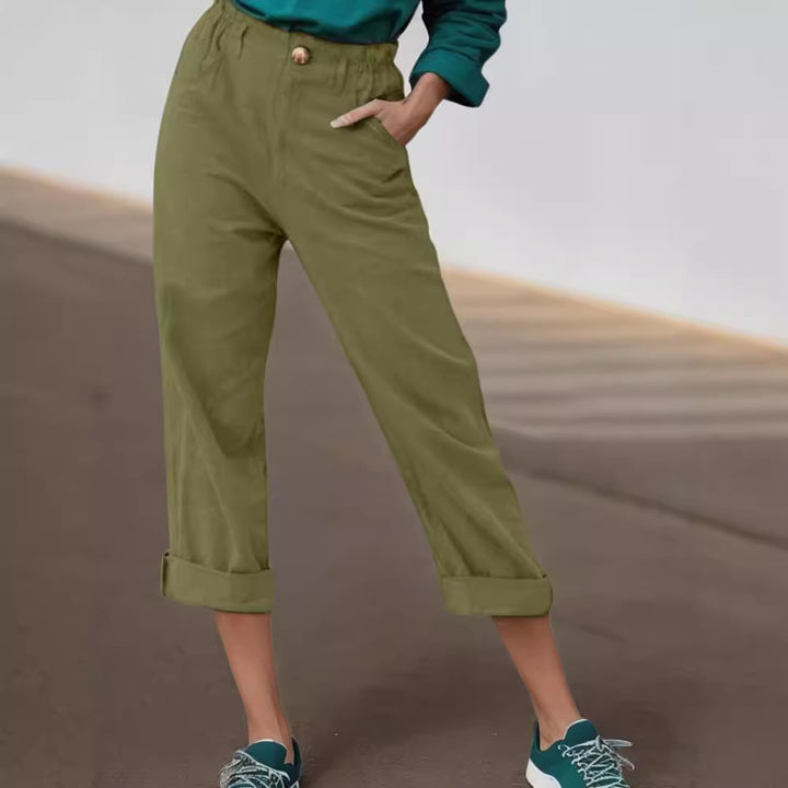 Damen Elegante Leinenhose mit breitem Bein und umschlagenem Saum Drune