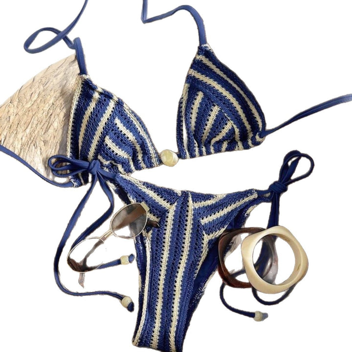 Damen Handgehäkelter Bikini mit maritimem Streifenmuster Drune