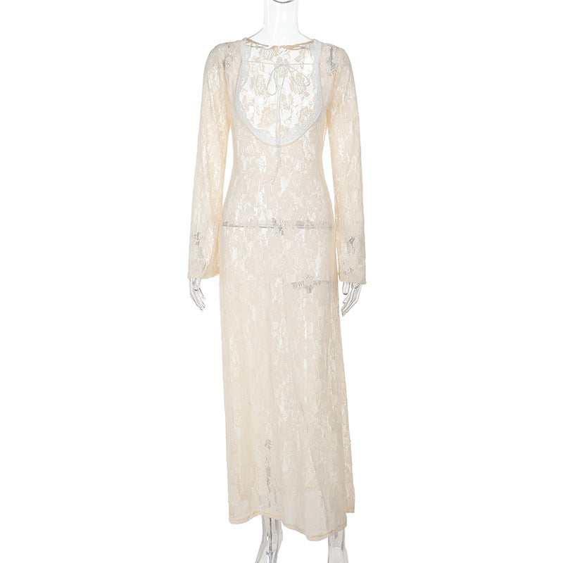 Damen elegantes Spitzenkleid mit tiefer Rückenansicht und langen Ärmeln Drune