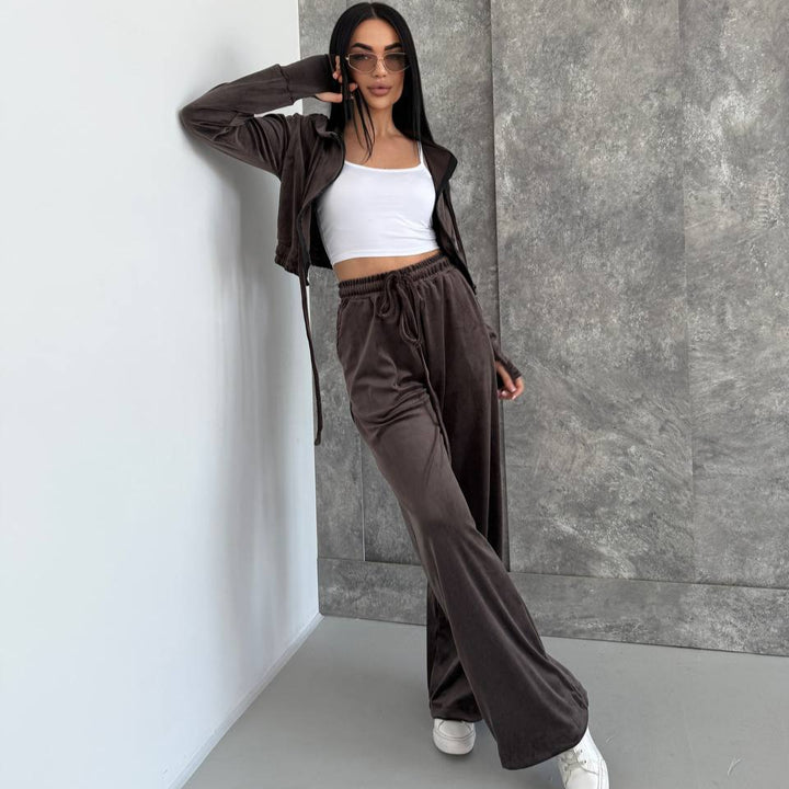 Damen Velours Lounge-Set mit tailliertem Hoodie und elastischen Hosen Drune