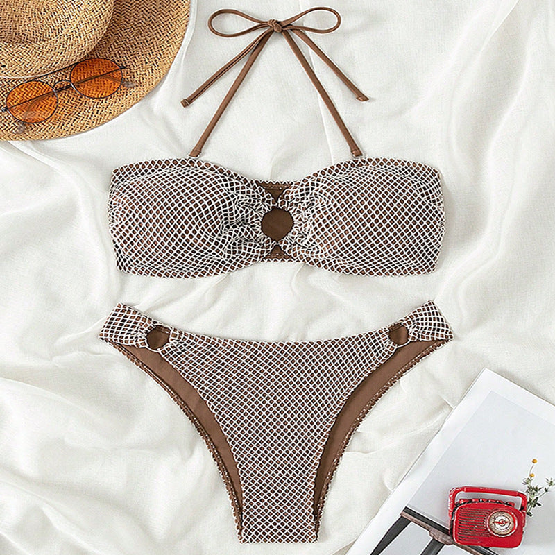 Damen Bandeau-Bikini mit strukturiertem Netzdesign und modischen Ösen Drune