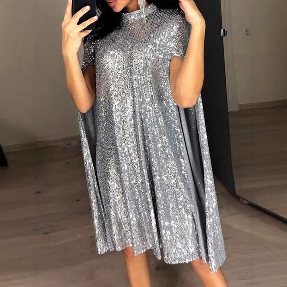 Damen Glamouröses Pailletten-Cocktailkleid mit Cape-Ärmeln Drune