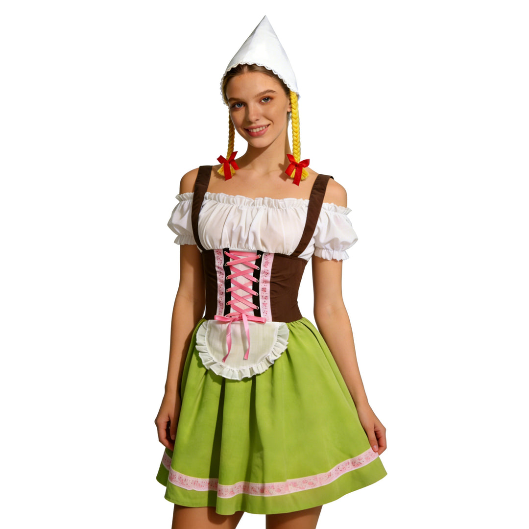 Damen nan traditionelles Dirndl-Kostüm mit Schnürung, Schürze und spitzem Kopftuch Drune