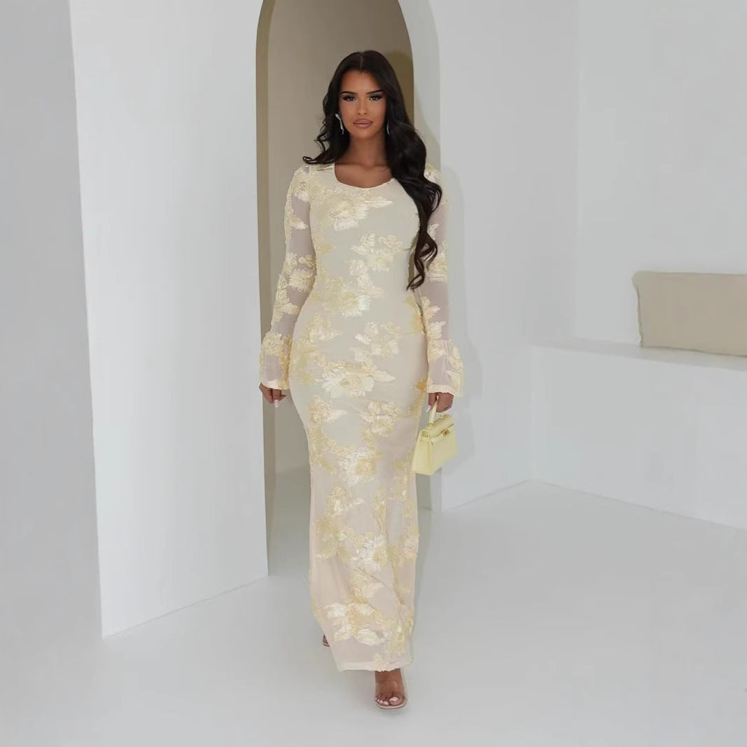 Damen Elegantes Maxikleid mit transparenter Spitze und floralen Applikationen Drune