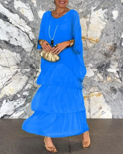Damen nan bodenlanges Stufenkleid mit weiten Fledermausärmeln und lockerer Silhouette Drune