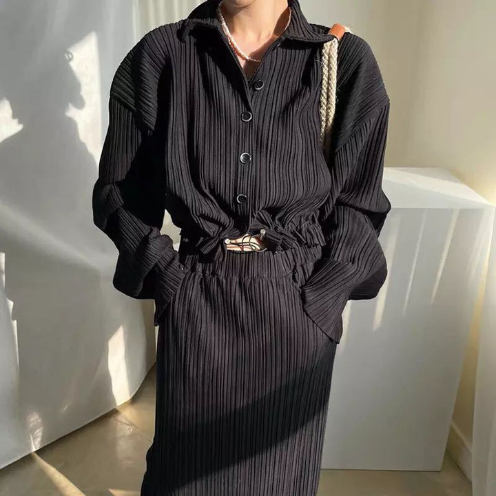 Damen Langarmhemdkleid mit taillierbarem Design und elegantem Strukturstoff Drune