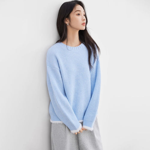 Damen Flauschiger Pullover mit weitem Schnitt und modernen Rippdetails Drune