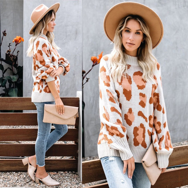 Damen modischer Pullover im trendigen Tierprint-Design mit hohem Kragen Drune