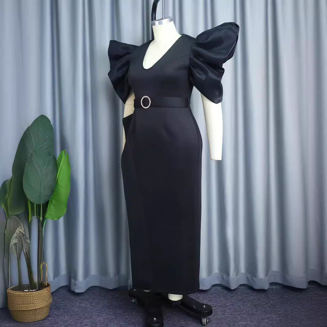 Damen Elegantes Abendkleid mit voluminösen Puffärmeln und einem stilvollen Gürtel Drune
