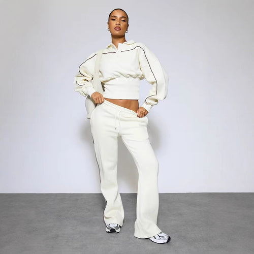 Damen Sportliches Crop-Polo und weite Jogginghose Set Drune