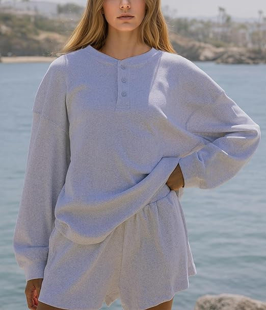 Damen lässiger Langarm-Hemdchen Pullover mit Knopfdetails Drune