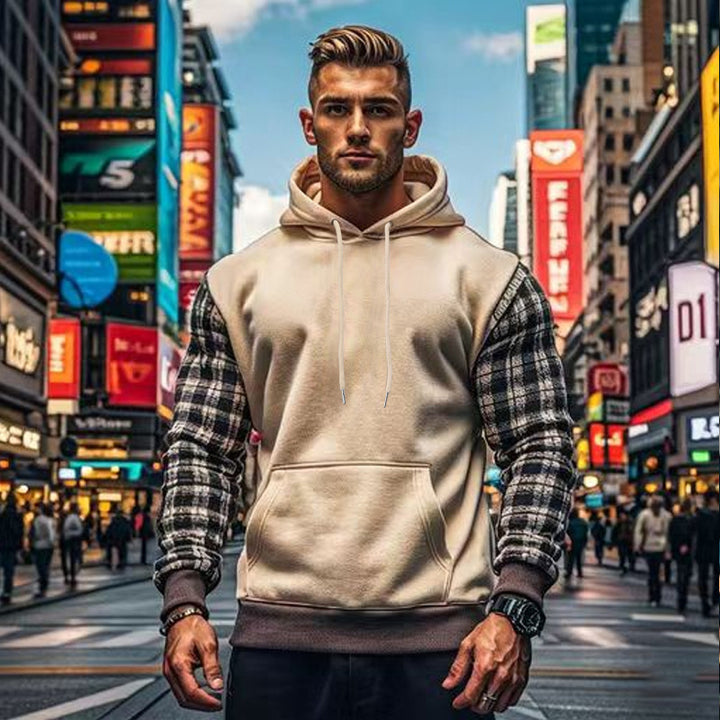 Herren Kapuzenpullover mit modischem Karomuster an den Ärmeln und praktischer Kängurutasche Drune
