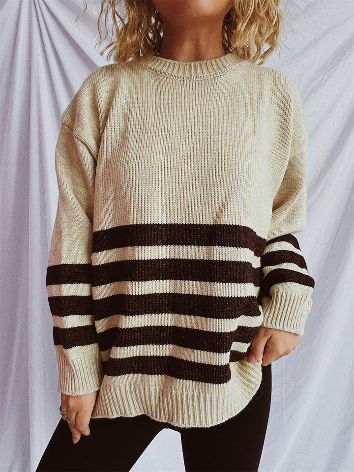 Damen lässiger Strickpullover mit breitem Streifenmuster Drune