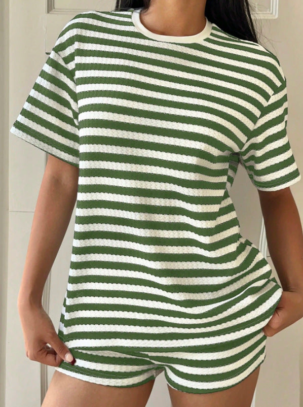 Damen lässiges gestreiftes T-Shirt mit hochwertiger Struktur Drune