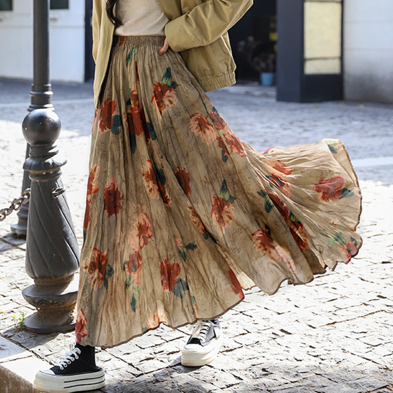 Damen nan fein gefalteter Midirock mit Vintage Blumenprint und elastischem Taillenbund Drune