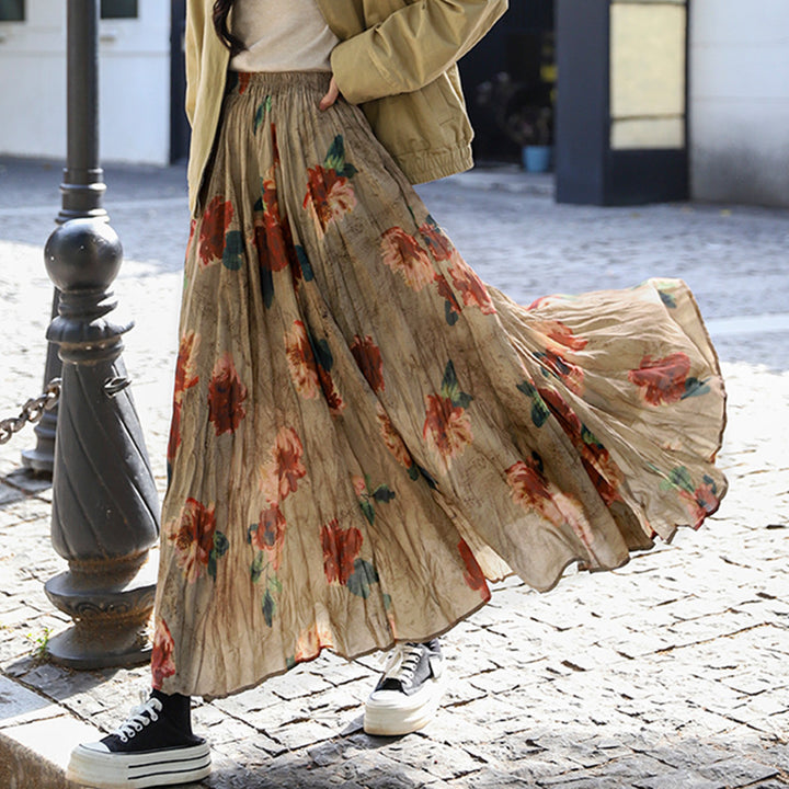Damen nan fein gefalteter Midirock mit Vintage Blumenprint und elastischem Taillenbund Drune