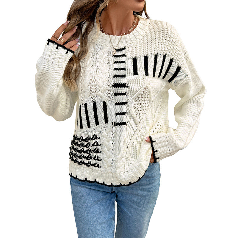 Damen modischer gestrickter Pullover mit geometrischem Muster und strukturierten Details Drune