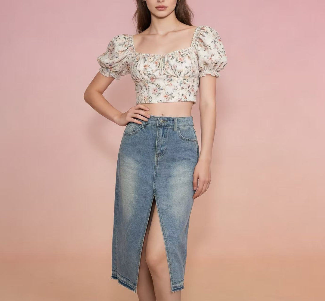 Damen Midi-Denim-Rock mit hohem Schlitz und fransigem Saum Drune