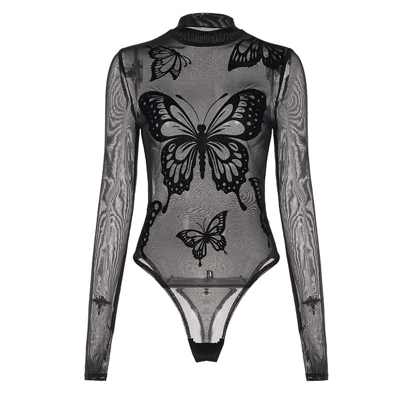 Damen Elegantes Bodysuit mit feinen Schmetterlingsmotiven und transparentem Stoff Drune