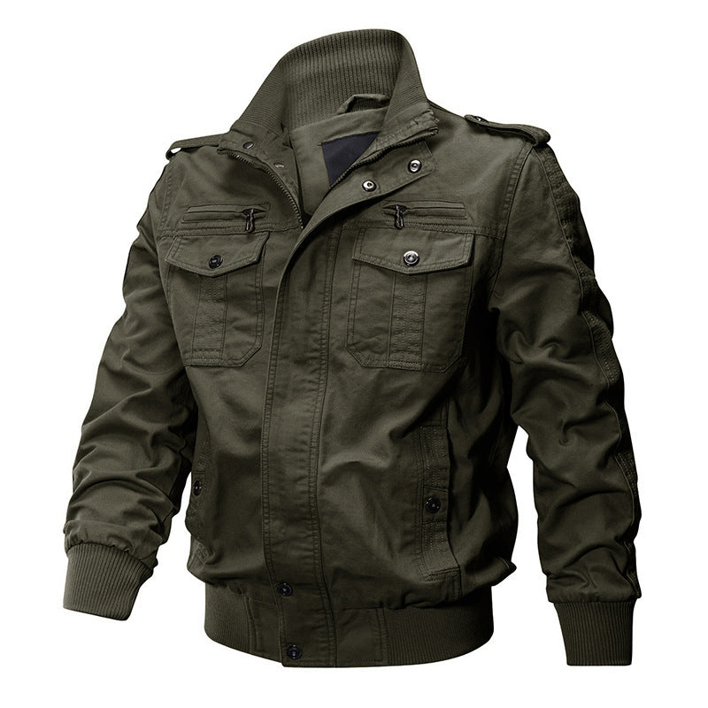 Herren nan multifunktionale Baumwoll-Canvas Bomber-Fieldjacke mit Stehkragen, Schulterpatten und verdeckter Druckknopf‑Reißverschluss Drune