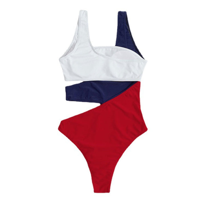 Damen Einteiler Badeanzug mit asymmetrischem Design und bunten Kontrastflächen Drune