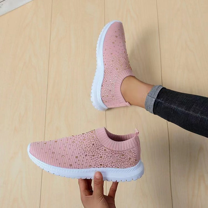 Damen nan gestrickte Slipper-Sneaker mit Strassbesatz und elastischem Einstieg Drune