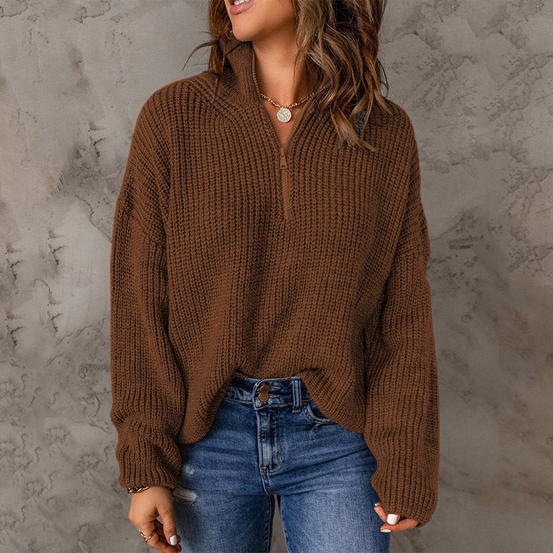 Damen gemütlicher Pullover mit hohem Kragen und Zip-Detail Drune