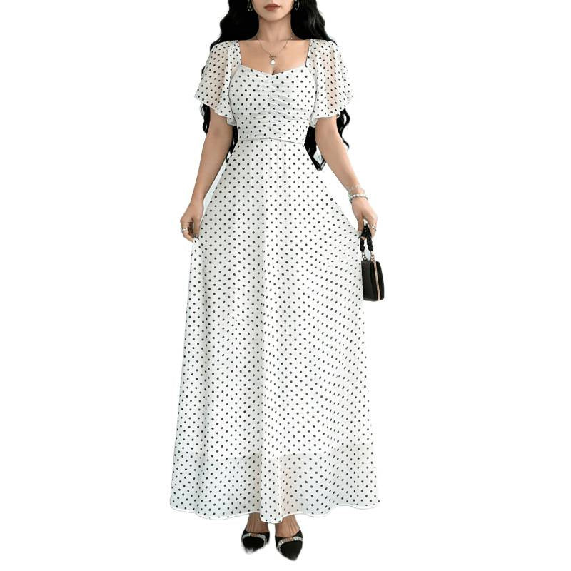 Damen Maxikleid mit voluminösen Rüschenschultern und vintage Punktedesign Drune
