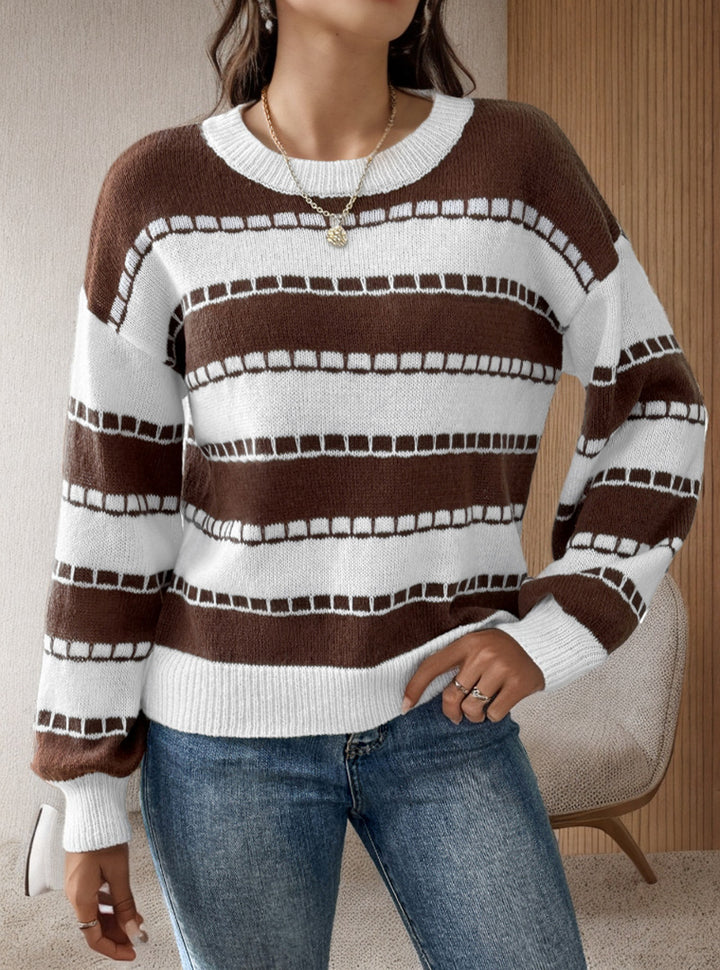 Damen lässiger, gestreifter Pullover mit einem komfortablen Schnitt und dekorativen Details Drune
